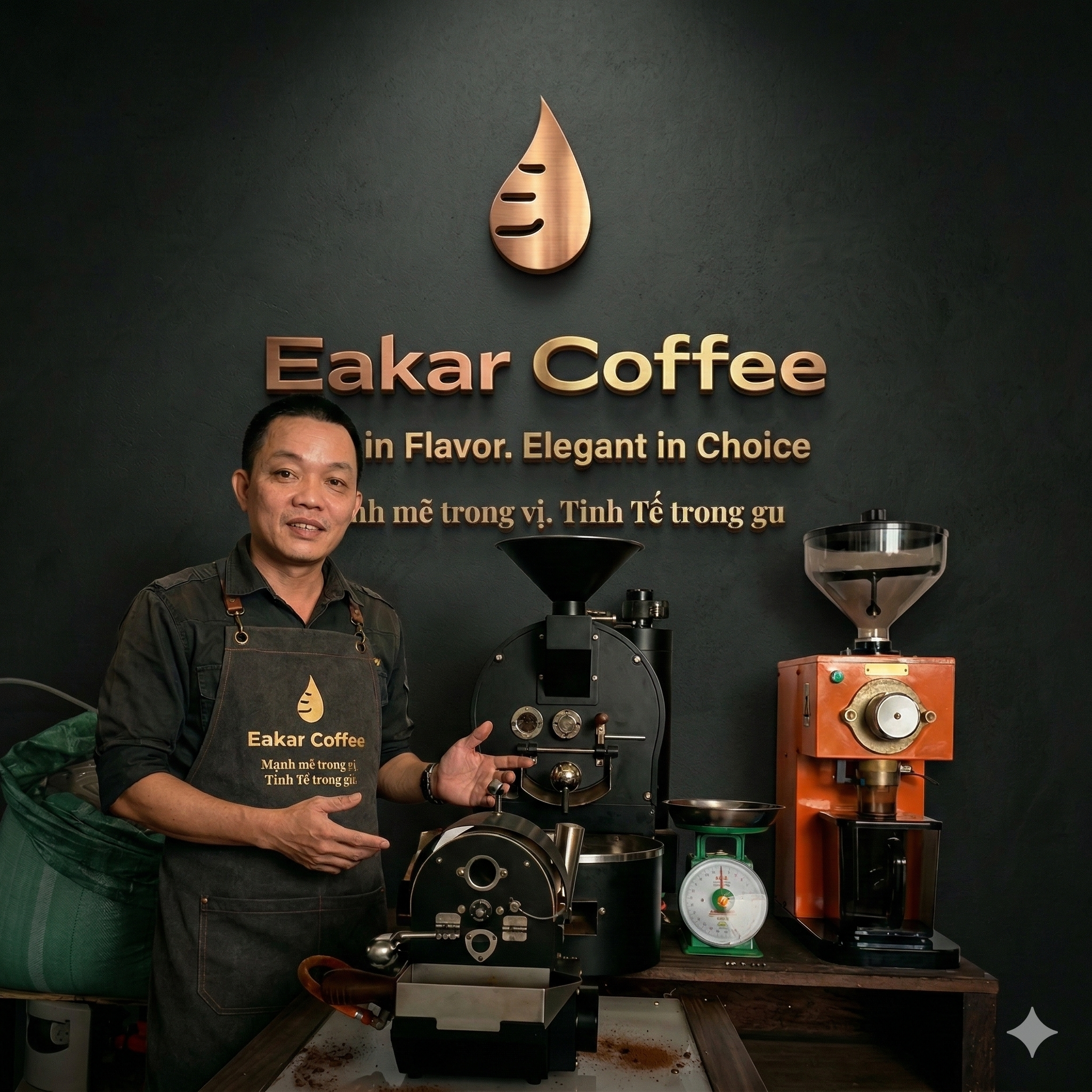 Người sáng lập Eakar Coffee trong không gian rang cà phê buổi sáng