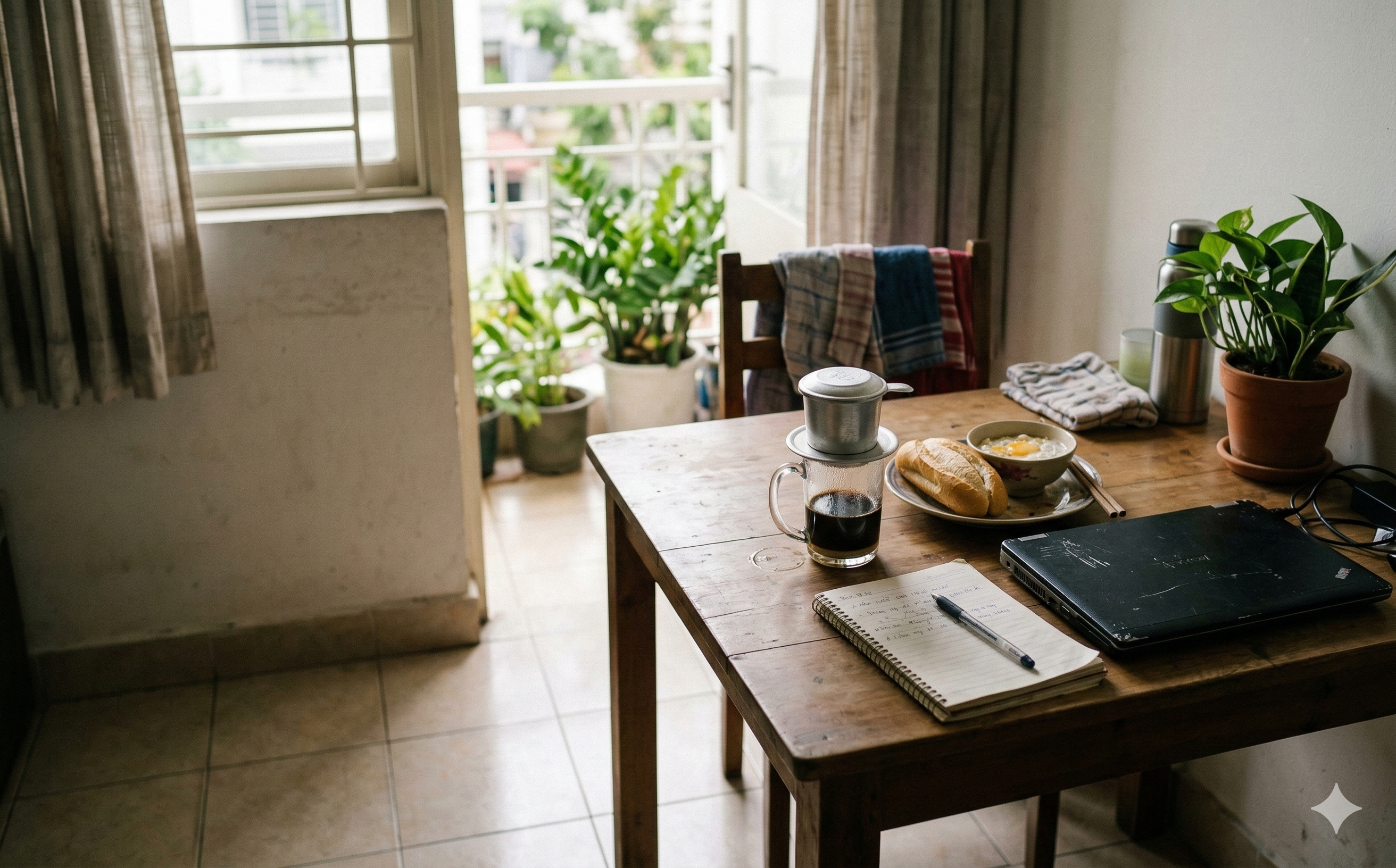 Buổi sáng ở nhà với cà phê trên bàn trong ánh sáng tự nhiên